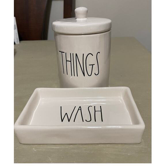 Rae Dunn 2 Pieces Ceramic Bathroom Set Dish Wash Plate And‎ Things Jar With Lid - Picture 1 of 6